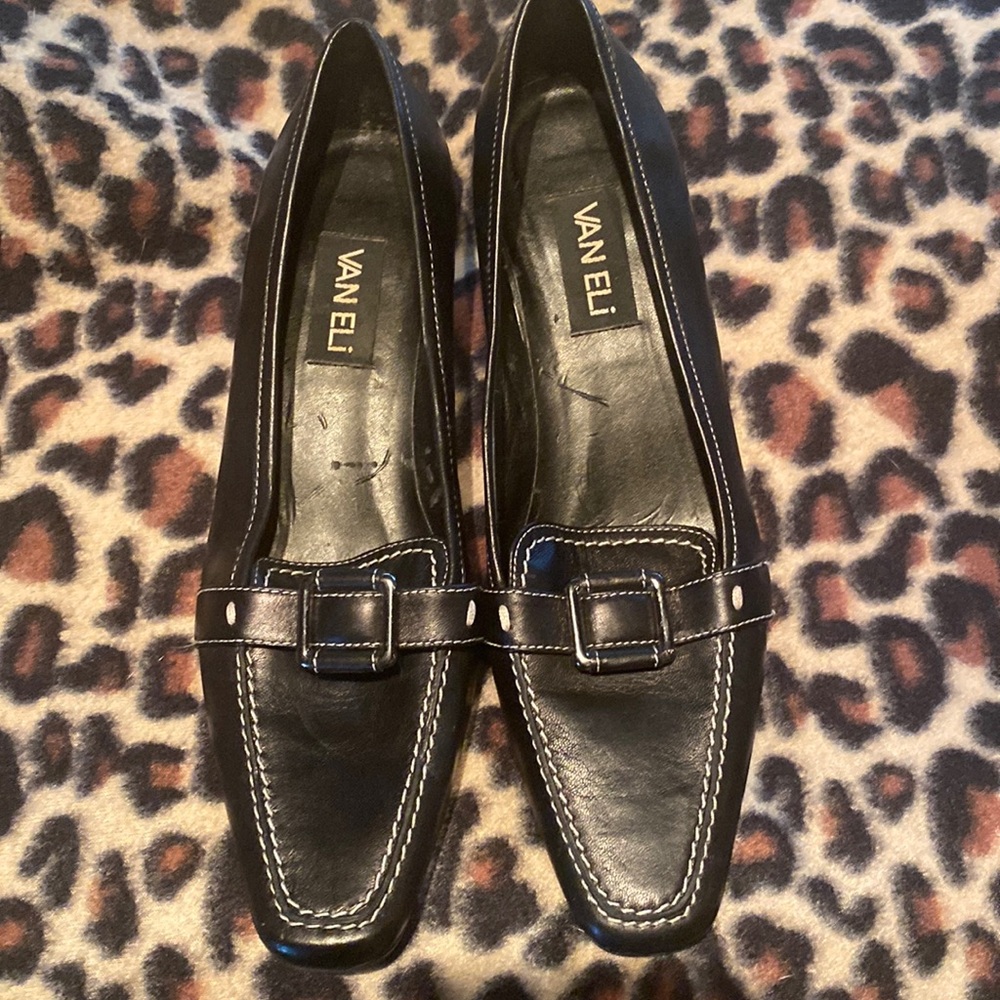 Vaneli Black Leather Loafer Heels with a silver buckle